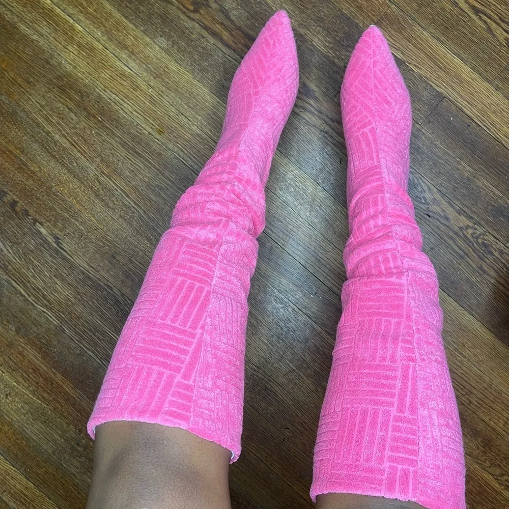 Pink Textured Knee-High Boots